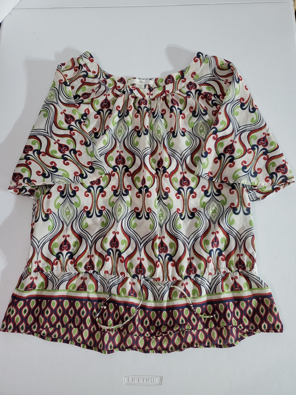 Trinity Women's Lg Cotton Silk Printed Peasant Top Cream & Multicolor Pattern